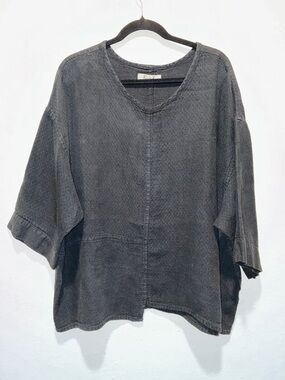 Flax Washed Black V-Neck Boxy Linen Tunic